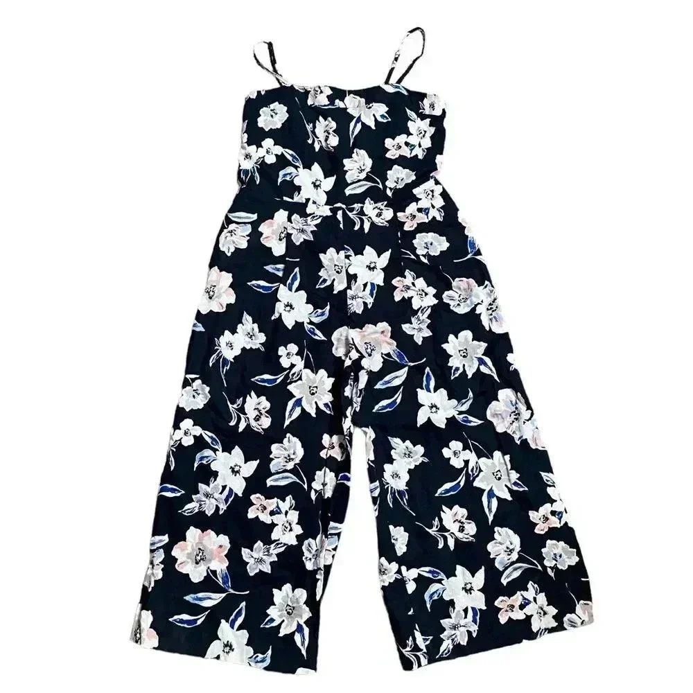 Banana Republic Linen Cotton Floral Wide Leg Jumpsuit Navy Size 6